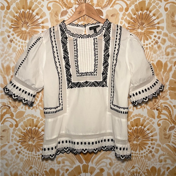 Topshop Tops - Topshop White Peasant Blouse with Black Embroidery Size 10
